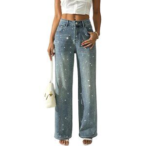 Women's Glitter Rhinestone Wide Leg Denim Pants High Waist Streetwear
